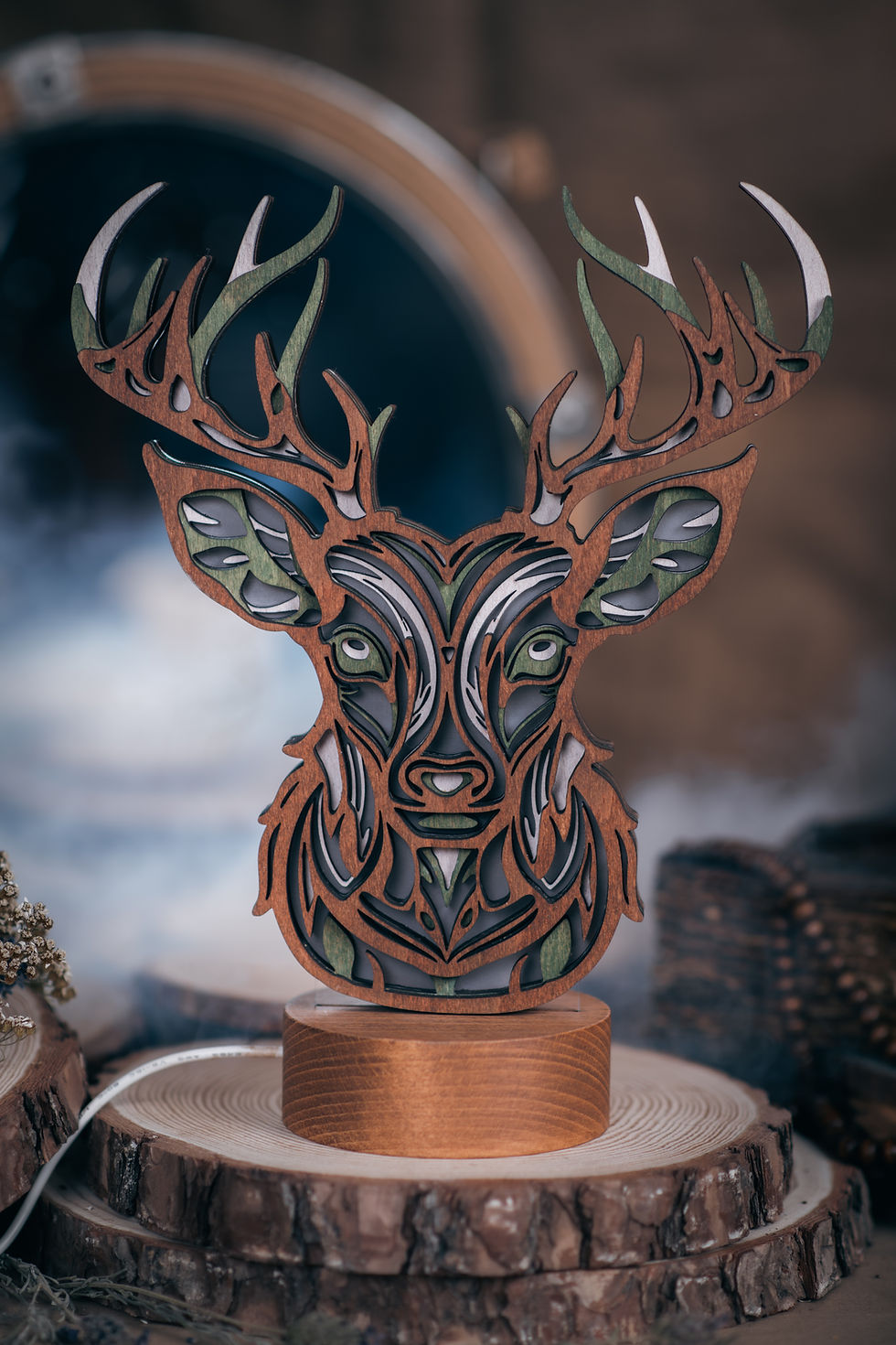 Thumbnail: Illuminated layered wooden deer head with intricate design