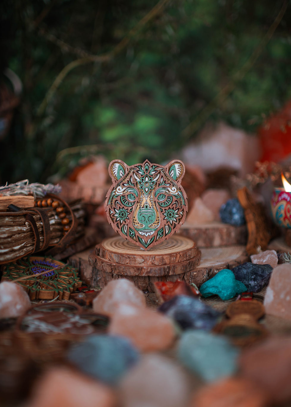 Thumbnail: Intricate bear head decoration on a wooden stand