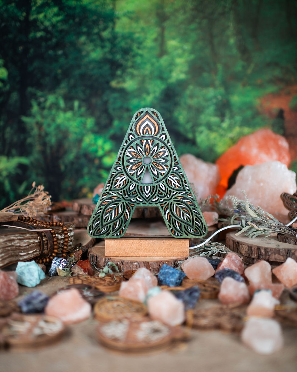 Thumbnail: Intricate wooden letter A with mandala design