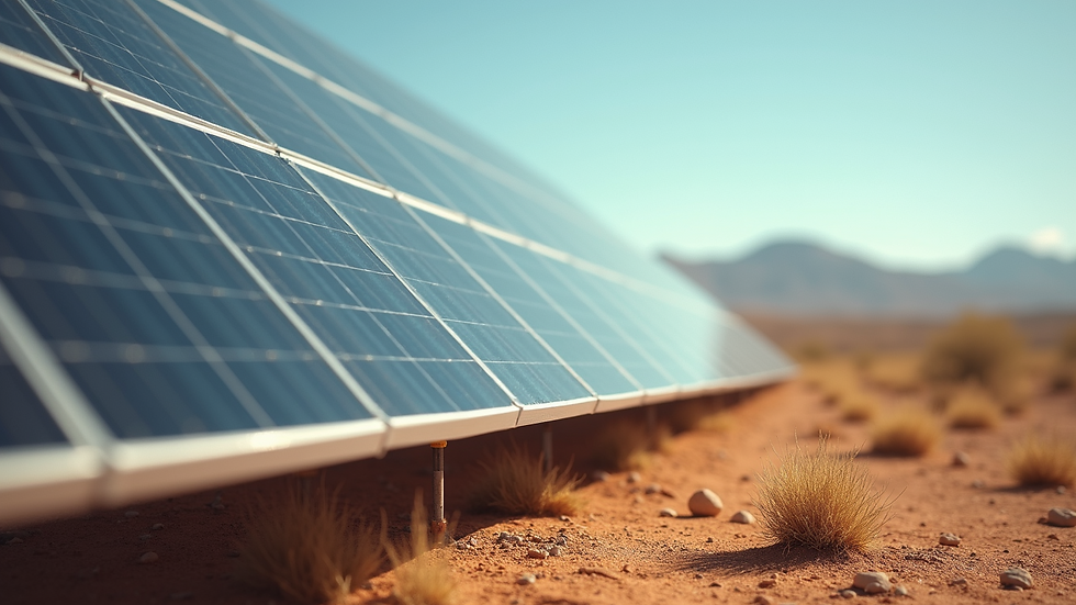 Close-up view of a solar panel installation in a desert landscape