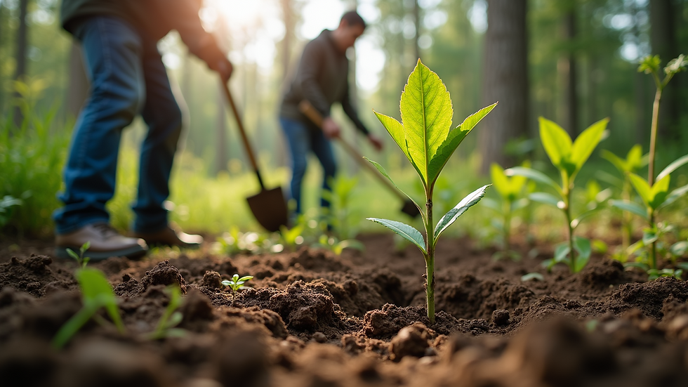 Eye-level view of volunteers planting native trees in a forest restoration project