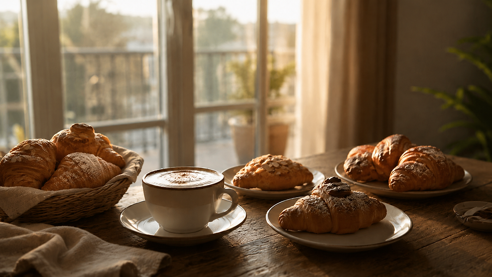 Tavolo della colazione con caffè, illuminato dalla luce del mattino.