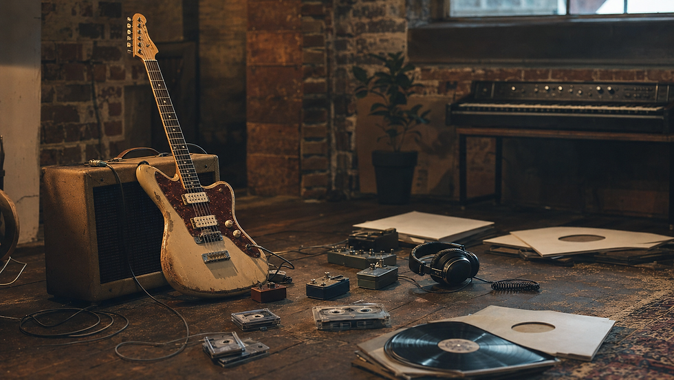 Chitarra elettrica Alternative con pedali, cuffie, vinili e musicassette in uno studio indipendente