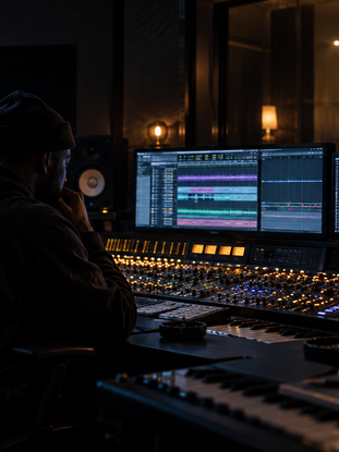 Produttore musicale in uno studio di registrazione buio davanti a un mixer illuminato, con sagoma di un artista sfocata dietro il vetro e atmosfera da creazione di una hit.