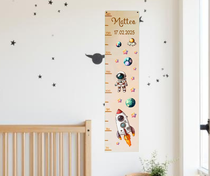 Personalisierte Kinder-Messlatte aus Holz mit aufgedruckten Planeten Raumfahreren und einer Rakete sowie dem Namen des Kindes  