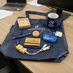 Nachhaltiges B2B Werbemittel-Set mit Logo-Branding auf Textil-Tragetasche, Keramiktasse, Holz-Kugelschreiber, Jojo, Labyrinth-Spiel und Notizbuch – Acousticsart Werndorf.
