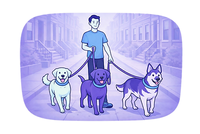 Fetch dog walker walking a small group of dogs, showing safe, consistent, and caring group walks.