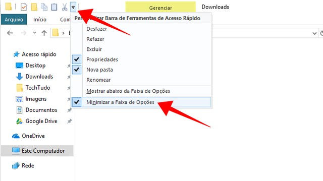 Recolha o menu principal do Explorer para liberar espaço na interface