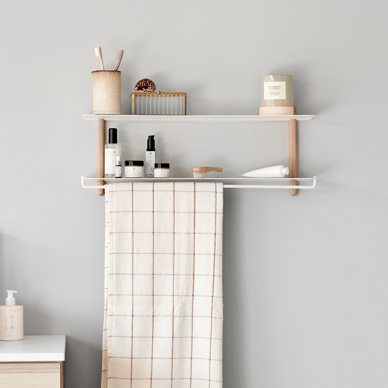 Nivo minimalist shelf collection by Gejst Denmark offers unique storage and display shelf options for the home, office, retailer store, boutique or hair salon.