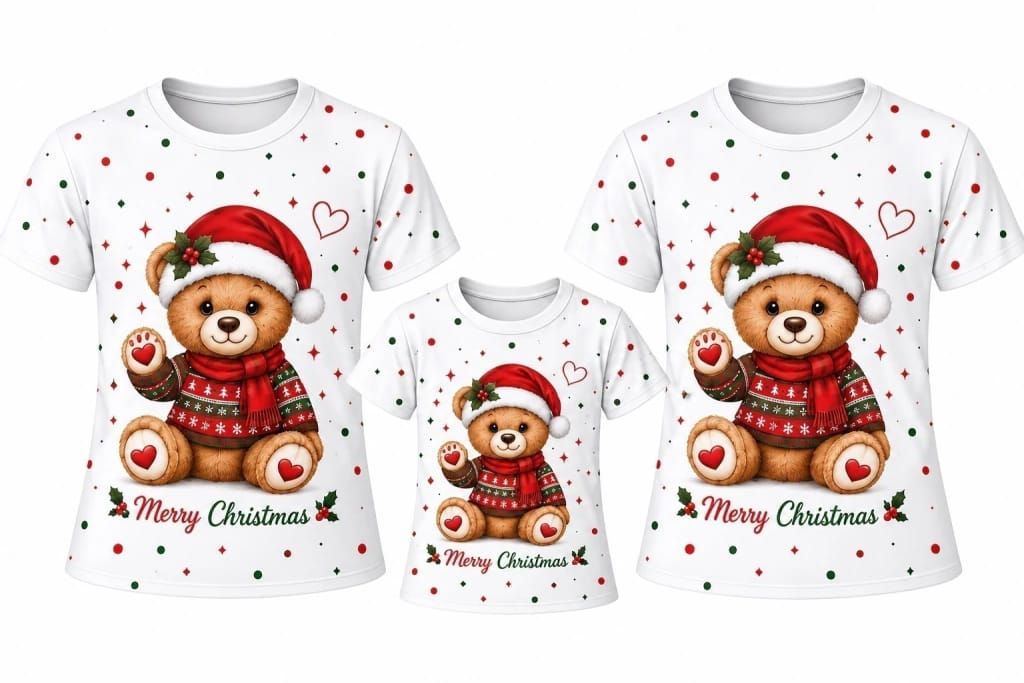 COLEÇÃO NATAL SOB ENCOMENDA - Camiseta Família Ursinho Vermelho