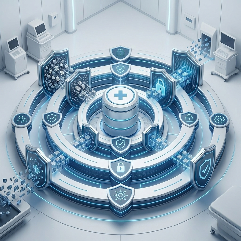 Technical diagram of a HIPAA compliant software architecture for telemedicine, featuring concentric rings of data security, encryption shields, and zero-trust verification layers in a clean clinical environment.