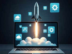 A futuristic but grounded scene of a small rocket launching from a laptop screen, symbolizing a product launch. Around the rocket, floating icons for cloud services, automation gears, and code snippets. Style: semi-3D, clean vector style, with high contrast between dark background and bright tech colors.