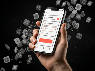 A hand holding a clean, minimalist smartphone app interface with a strong Coral Red action button, while a chaotic cloud of greyed-out app icons disintegrates into a dark background, visualizing users deleting unnecessary apps.