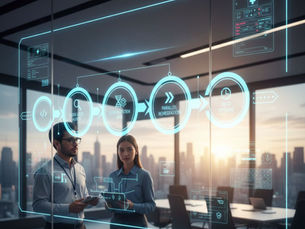 Futuristic digital display in a modern office showing a 4-step MedTech WCAG compliance roadmap: Code-Level Audits, Design System DNA, Parallel Remediation, and CI/CD Pipeline, with two engineers analyzing the technical strategy.