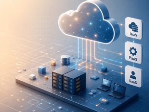 Illustration of cloud infrastructure services for small businesses, showing connected cloud computing resources, servers, networking, and scalable digital infrastructure.