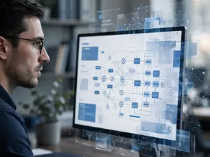 Professional software engineer in three-quarter view reviewing complex application architecture on large monitor with elegant abstract system diagrams and subtle code, transparent digital layer extending beyond screen suggesting continuous maintenance and long-term software evolution