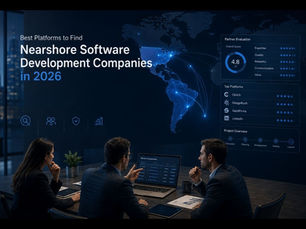 Modern editorial-style illustration showing executives evaluating nearshore software development companies in 2026. The image features a dark blue enterprise environment with digital dashboards, partner evaluation metrics, and glowing connection lines between the United States and Latin America, representing nearshore collaboration, software outsourcing, and operational scalability by Hristov Development
