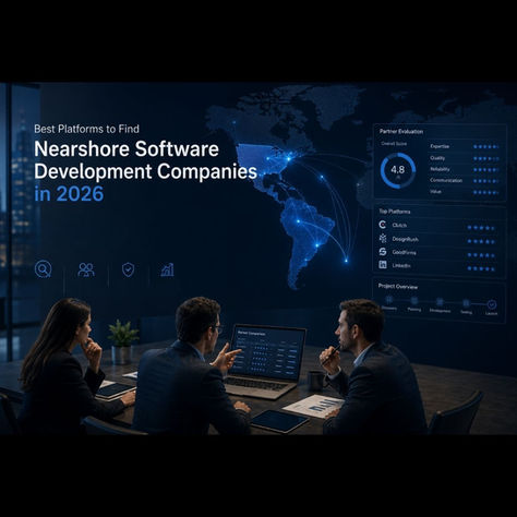 Modern editorial-style illustration showing executives evaluating nearshore software development companies in 2026. The image features a dark blue enterprise environment with digital dashboards, partner evaluation metrics, and glowing connection lines between the United States and Latin America, representing nearshore collaboration, software outsourcing, and operational scalability by Hristov Development