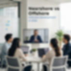 Modern nearshore software development collaboration meeting between a development team and a remote U.S.-based client. Bright contemporary office with developers participating in a video conference, laptops displaying software workflows. Clean enterprise technology atmosphere with natural lighting and professional business collaboration aesthetics.