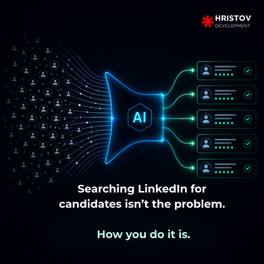 AI visual with profile icons filtering through a funnel. Text: "Searching LinkedIn for candidates isn’t the problem. How you do it is." Dark, tech-themed design.