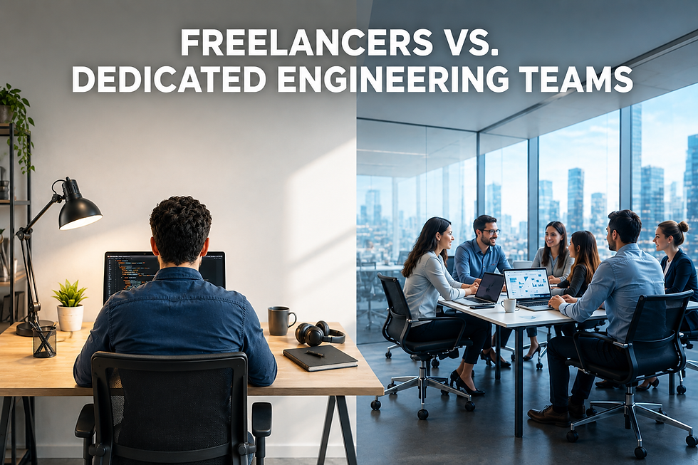 Comparison between a freelancer working independently at a home office desk and a dedicated engineering team collaborating in a modern corporate meeting room under the title “Freelancers vs. Dedicated Engineering Teams.”