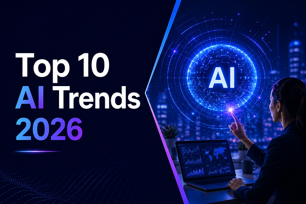 Emerging AI technologies and top AI trends transforming business in 2026, represented through a futuristic artificial intelligence interface.