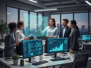 Business team discusses data on holographic screen in modern office. Evening cityscape view. Monitors display charts.