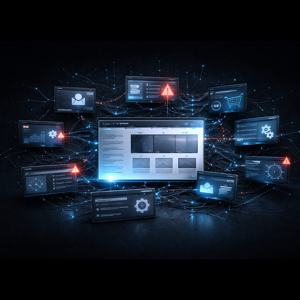 Digital interface with multiple screens showing icons and alerts in a dark, network-themed background. Blue and red highlights create a tech vibe.