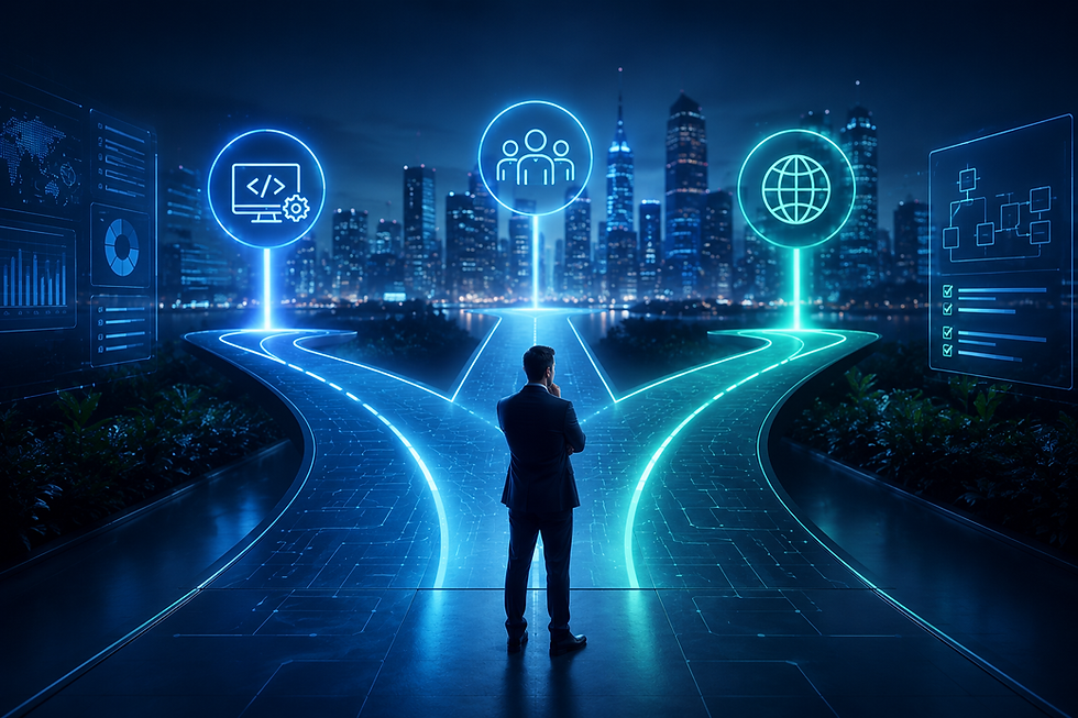 Illustration representing how to choose the right software development partner for a business technology project.