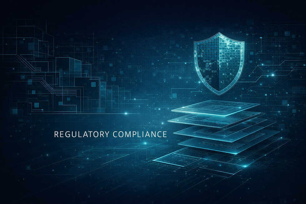A digital-style image with a shield icon and layered documents. Text reads "Regulatory Compliance" on a futuristic blue circuit background.