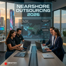 Collaborative nearshore software development in 2026: Engineers in Mexico with HD branded shirts working on laptops with US business partners, featuring a futuristic interface with real-time sync map and AI workflows