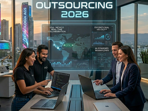 Collaborative nearshore software development in 2026: Engineers in Mexico with HD branded shirts working on laptops with US business partners, featuring a futuristic interface with real-time sync map and AI workflows