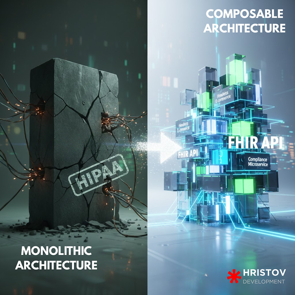 Split image: Left shows a cracked monolith with wires labeled "HIPAA". Right shows modern blocks labeled "FHIR API". Text: "Monolithic Architecture" and "Composable Architecture".