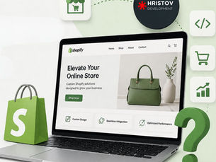 A 3D corporate mockup featuring a modern open laptop displaying a custom Shopify store interface next to a large green question mark and a Shopify shopping bag, with the Hristov Development logo integrated into the clean studio background.