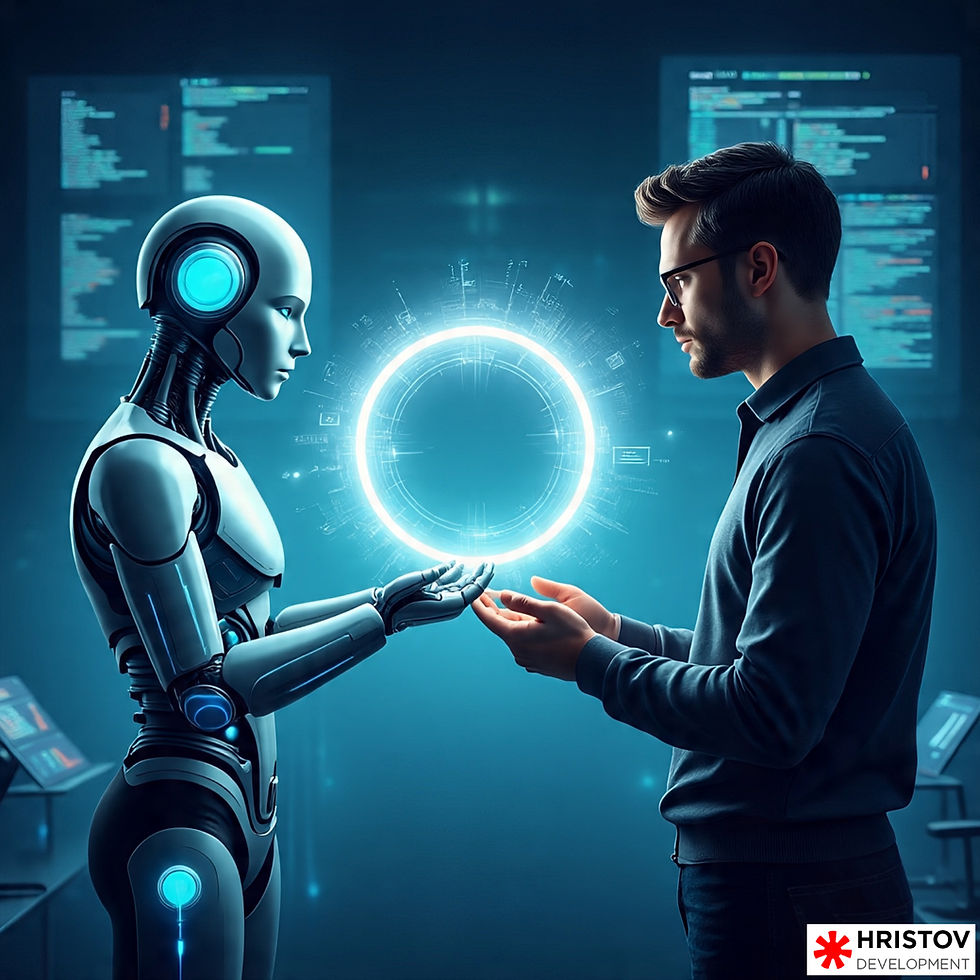 A robot and a man in a tech lab interact with a glowing holographic circle. Screens display code in the background. Mood is futuristic and collaborative.