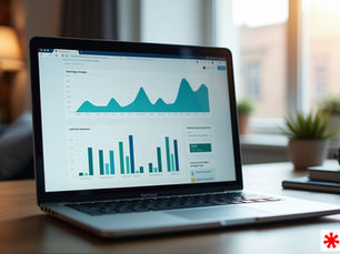A computer in the foreground, displaying analysis data on an office desk