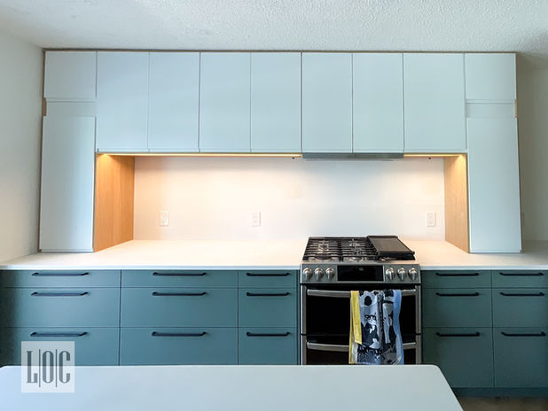 green base cabinet and white with wood panels panels
