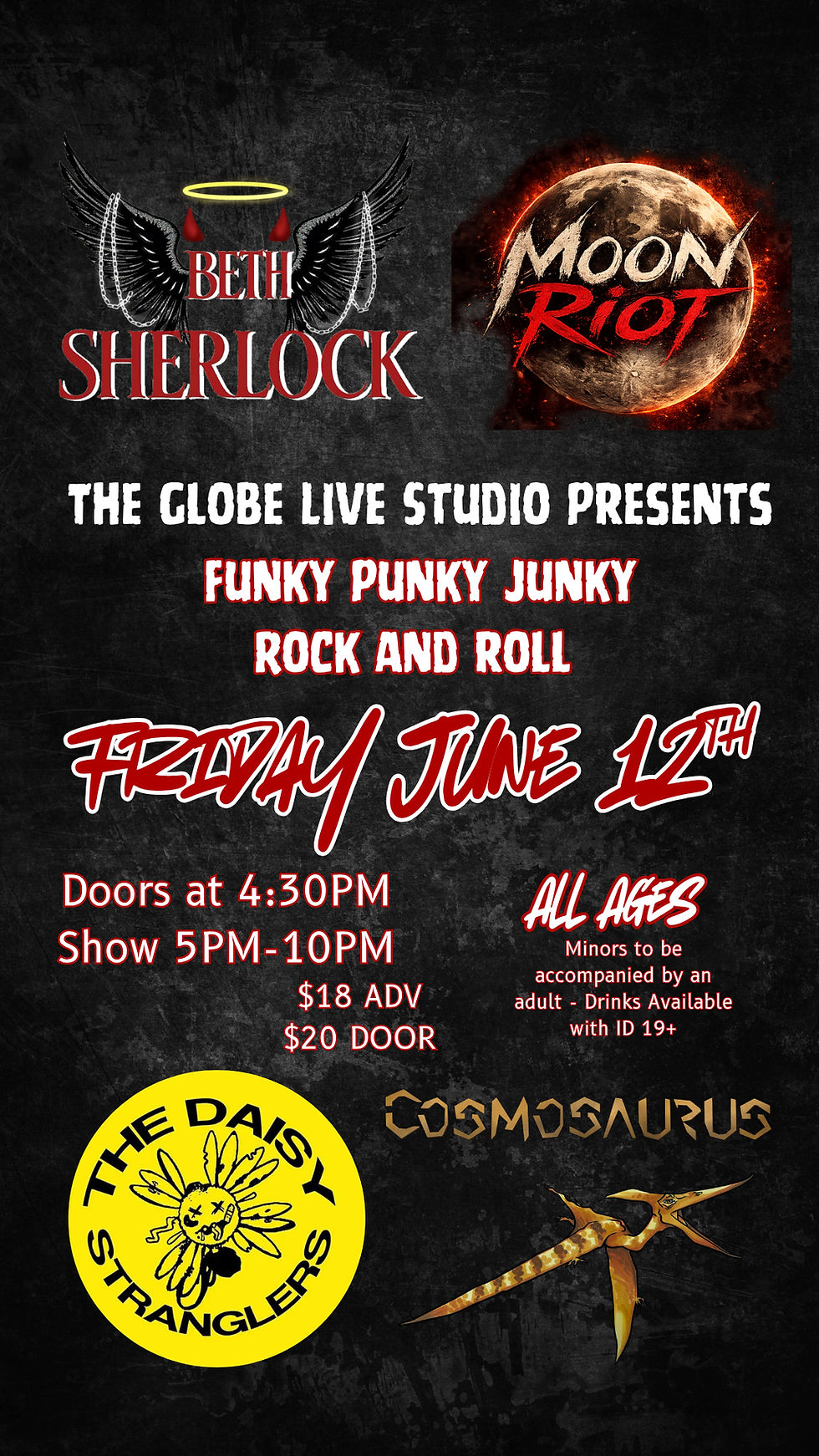 Punk/rock n roll show with Beth Sherlock, Moon Riot, Cosmosaurus, The Daisy Stranglers