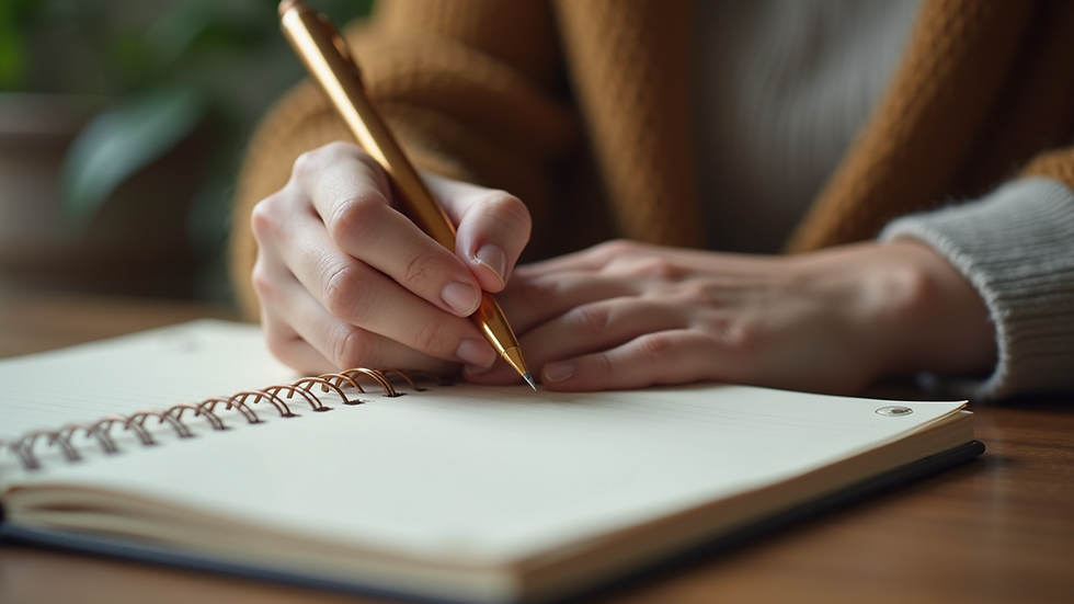 Close-up view of a person writing in a gratitude journal