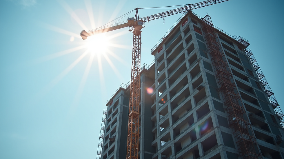Eye-level view of a modern commercial building under construction