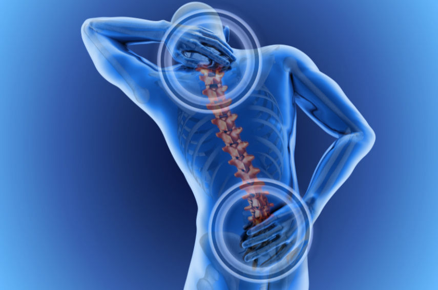 adult back pain colored blue, left hand on neck with circle around hand, right hand on low back with circle around hand