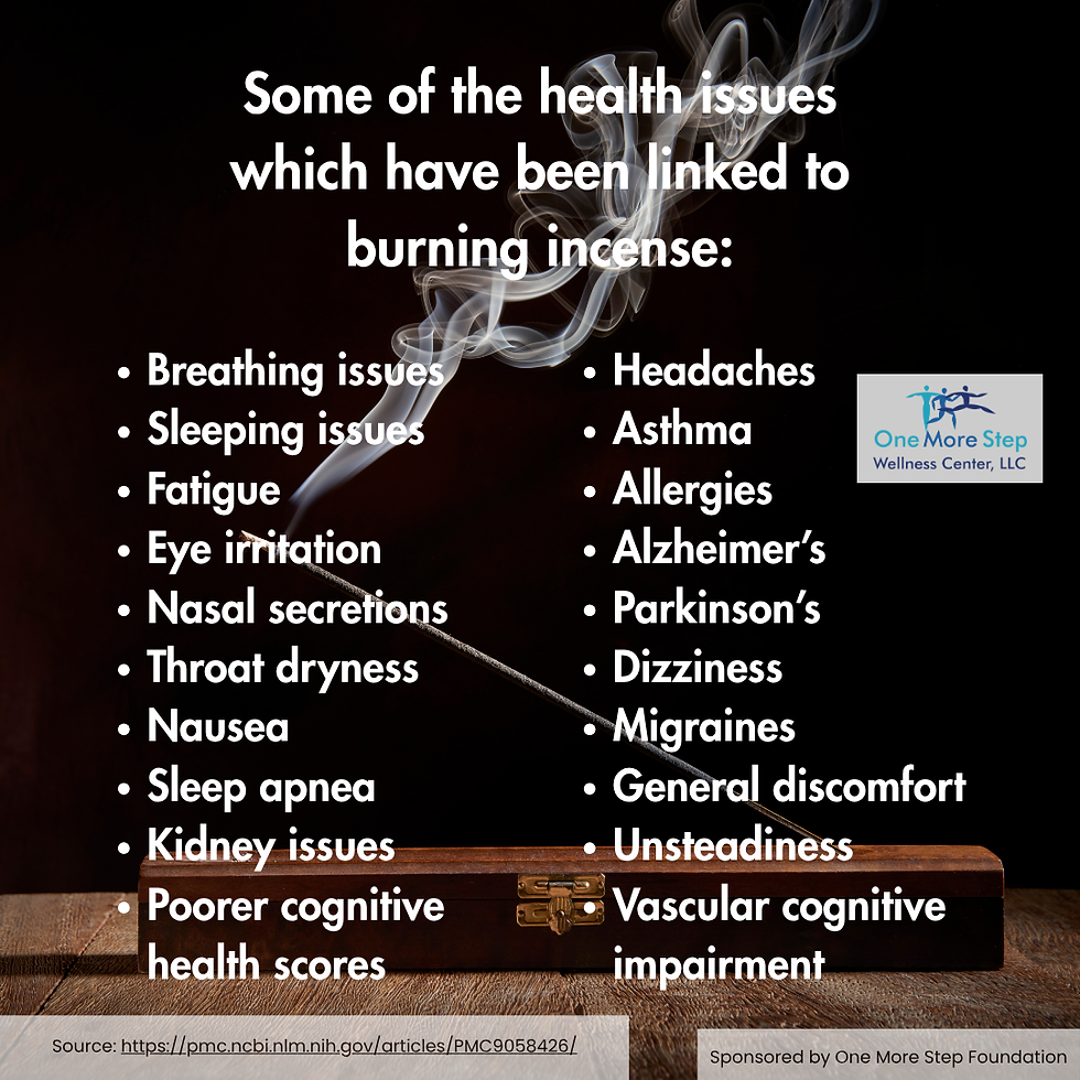 Some of the health issues which have been linked to burning incense: breathing issues, sleeping issues, fatigue, eye irritation, nasal secretions, throat dryness, nausea, sleep apnea, kidney issues, poor cognitive health scores, headaches, asthma, allergies, Alzheimer's, Parkinson's, dizziness, migraines, general discomfort, unsteadiness, vascular cognitive impairment