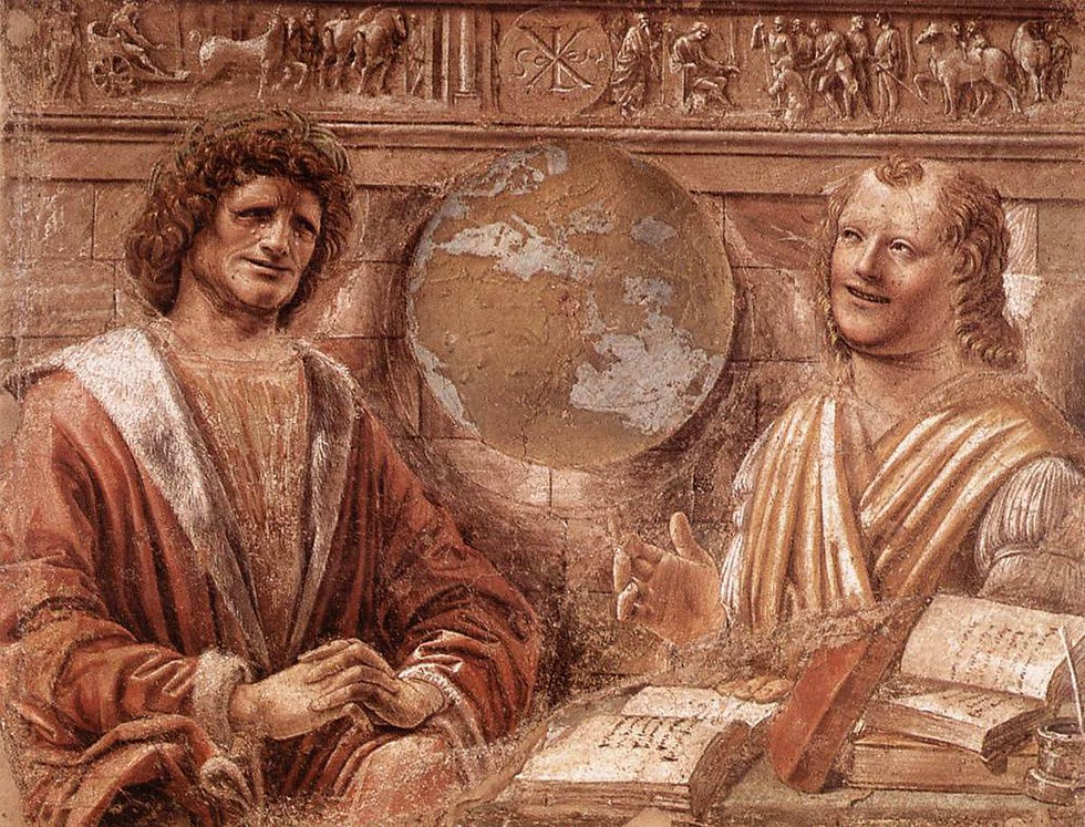 Heráclito, o filósofo triste; e Demócrito, o filósofo sorridente . (Heraclitus and Democritus, 1486, de Donato Bramante)