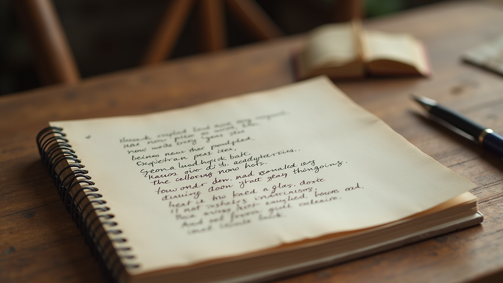 Close-up view of a handwritten poem on a rustic wooden table