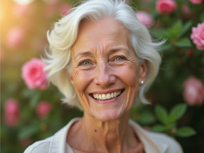 This is an older woman with white hair and a white blouse. She is smiling and has lots of smile lines. The background is pink rosebushes that are in bloom. She is the picture of hope, both for now and for the final chapter of her story.