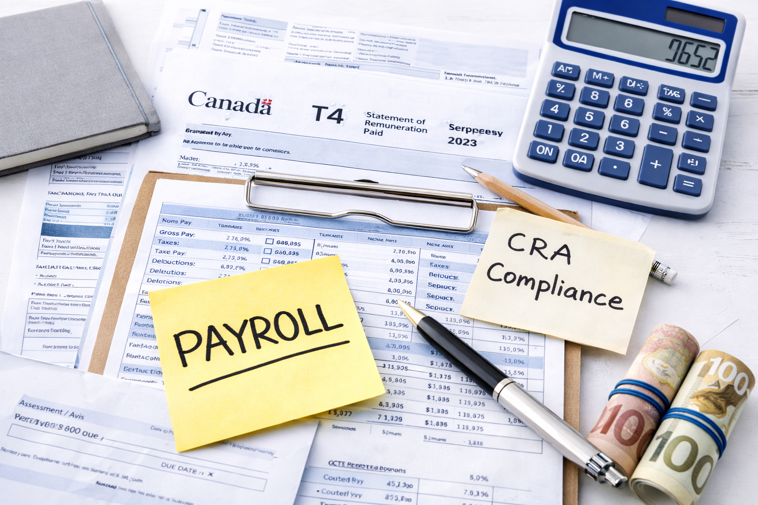 Payroll with CRA Compliance, calculator, Canada forms, and money on desk.