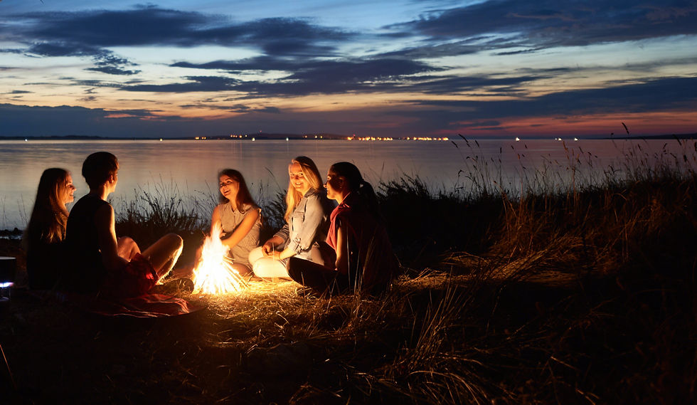 Night summer camping on sea shore. Group of young tourists sitting, laughing in high grass
