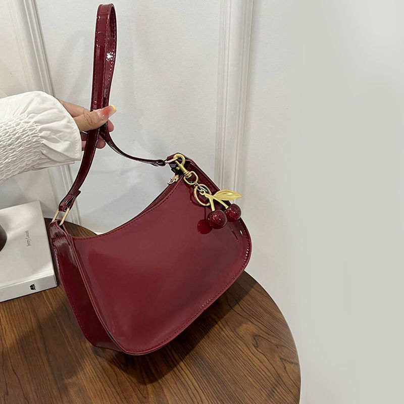 Thumbnail: Women's PU Leather Handbag Versatile Fashion Solid Color Cherry Pendant Shoulder