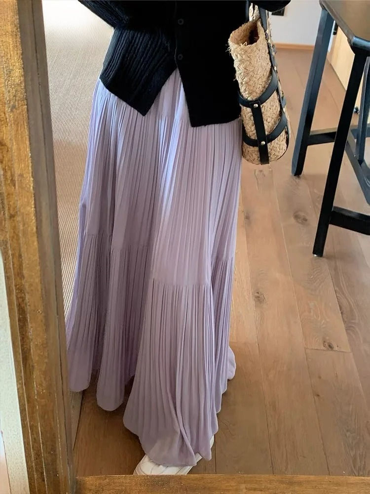 Thumbnail: Spring and Summer New pleated A-line skirt in the long high waist thin gauz