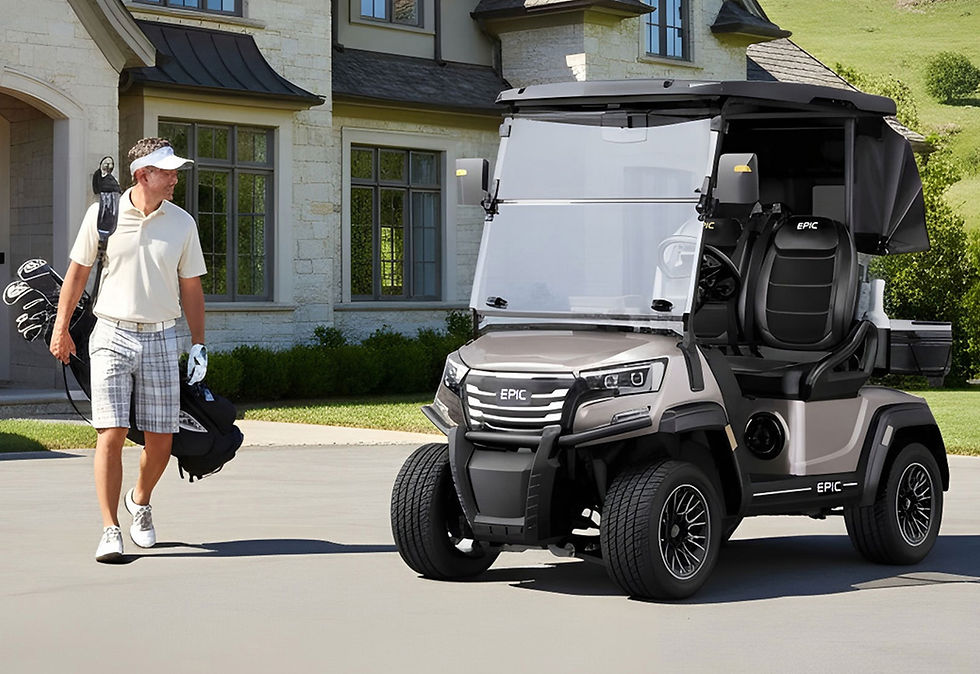 Thumbnail: Golfer with clubs next to a D5 Maverick 4 golf cart